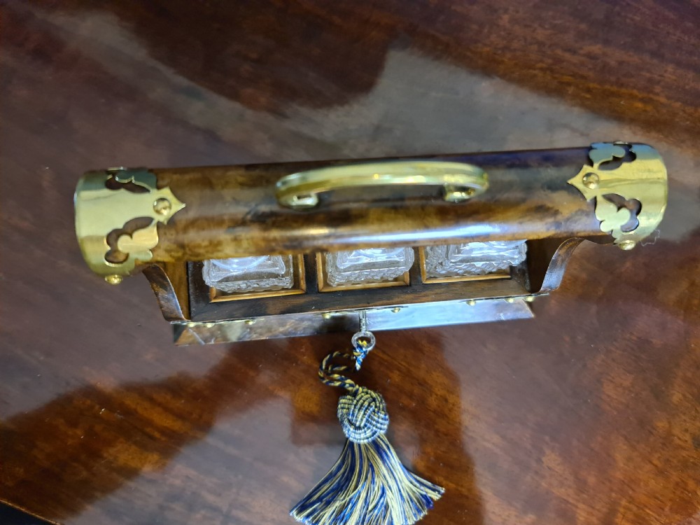 Late Victorian Miniature burr Walnut and Brass Tantalus c1900 View IV