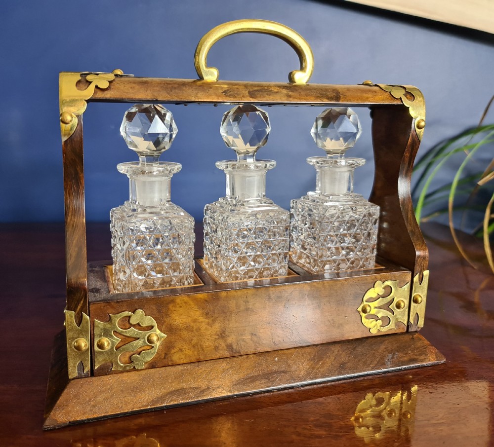 Late Victorian Miniature burr Walnut and Brass Tantalus c1900 View V