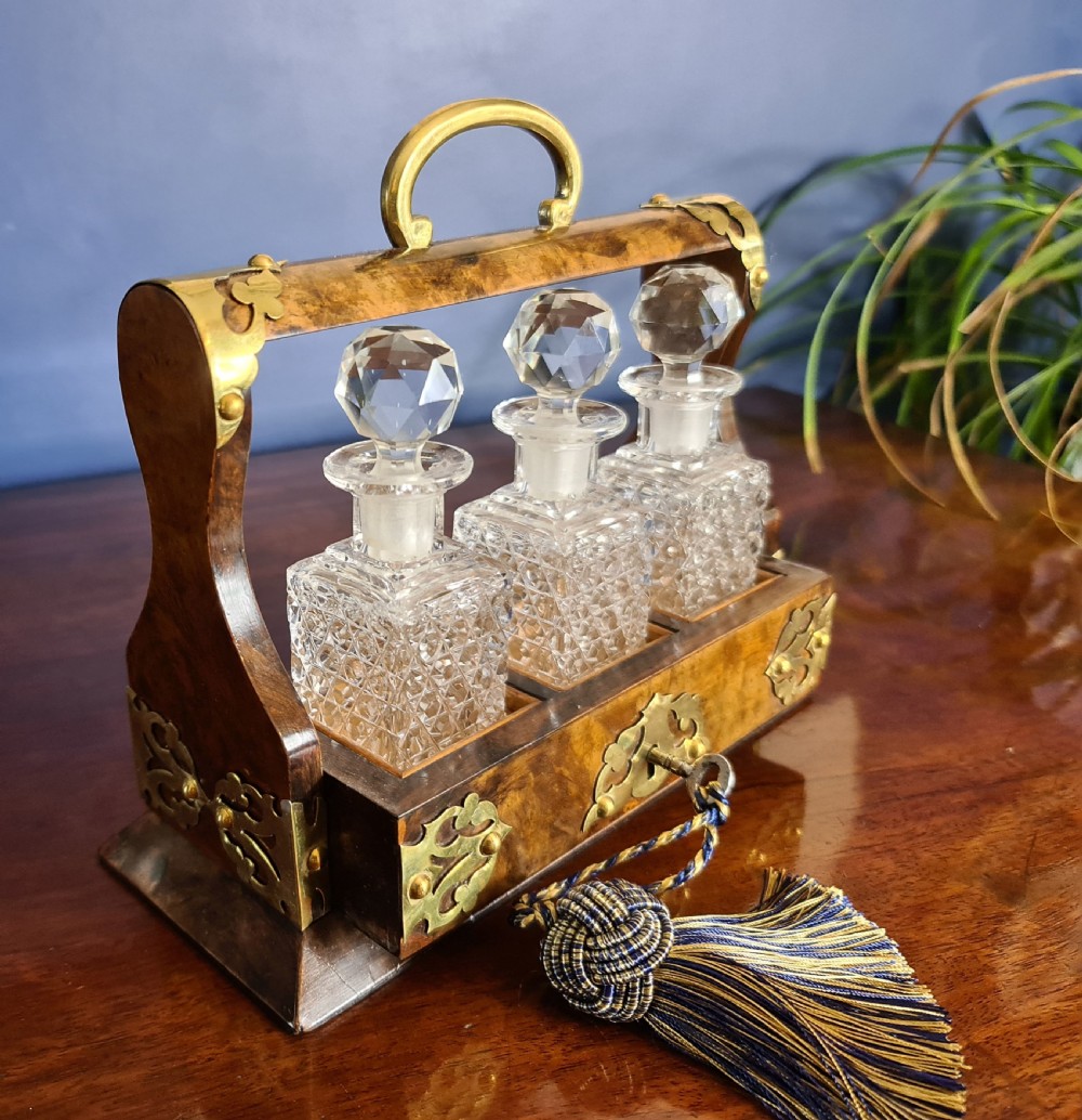 Late Victorian Miniature burr Walnut and Brass Tantalus c1900 View VII