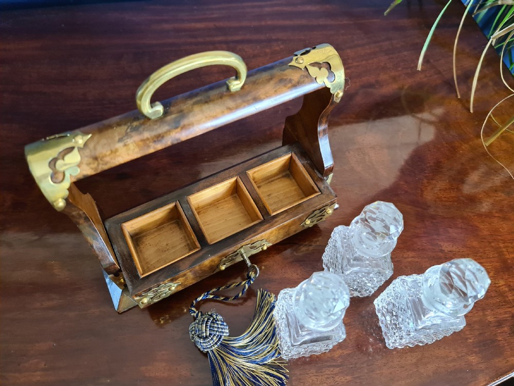 Late Victorian Miniature burr Walnut and Brass Tantalus c1900 View VIII
