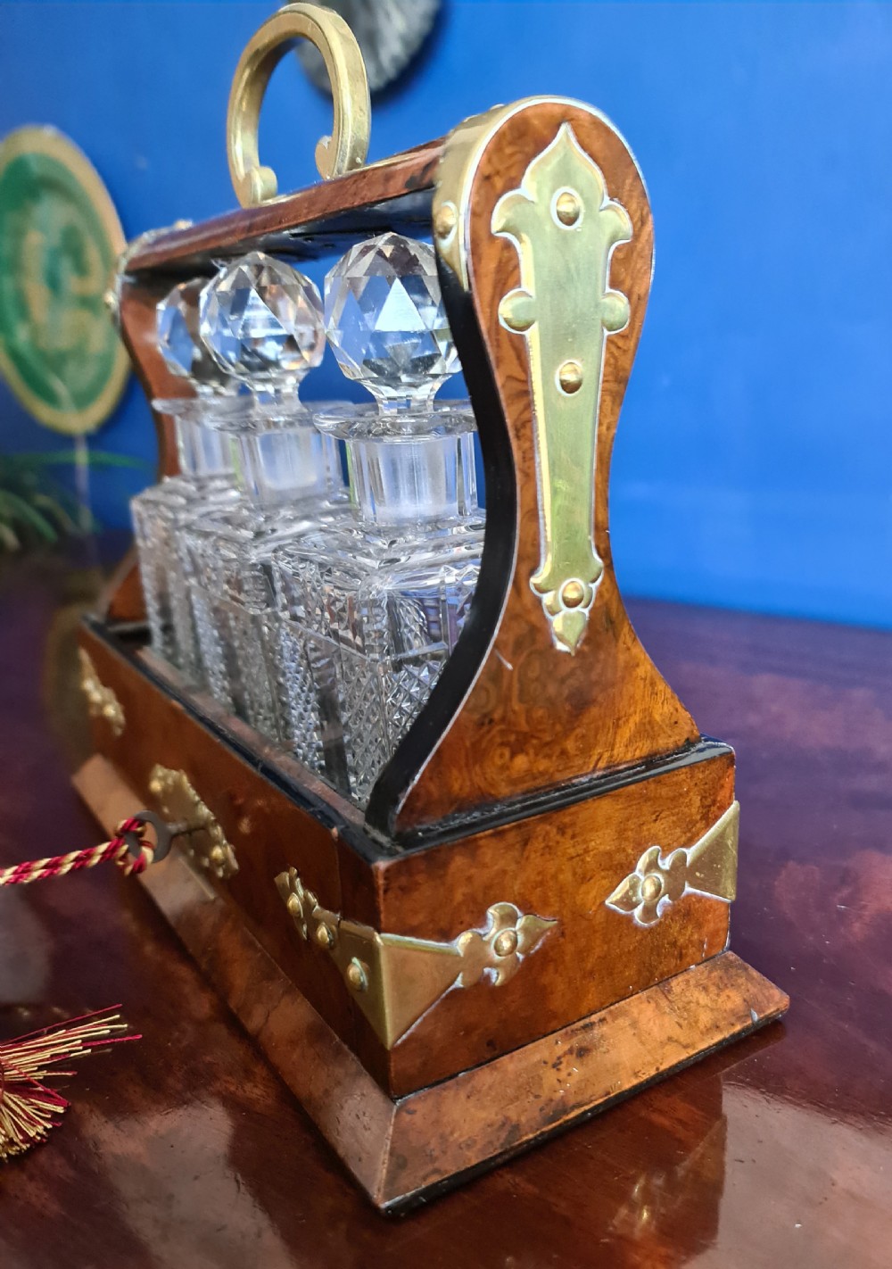 Late Victorian Miniature burr Walnut and Brass Tantalus c1900 View II
