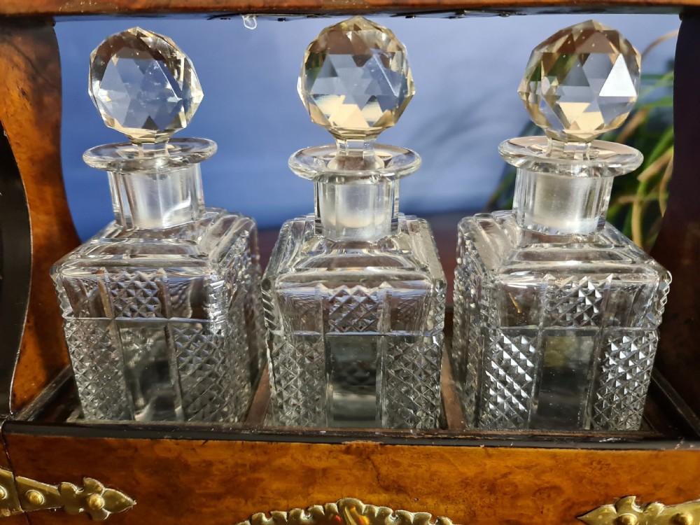 Late Victorian Miniature burr Walnut and Brass Tantalus c1900 View III