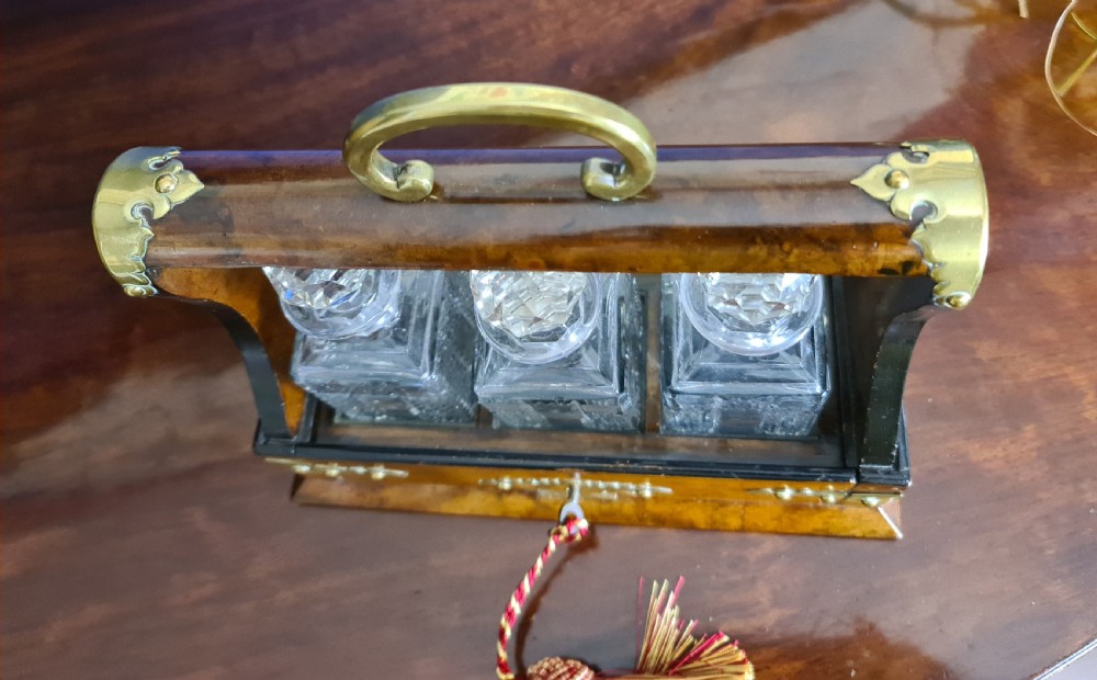 Late Victorian Miniature burr Walnut and Brass Tantalus c1900 View IV
