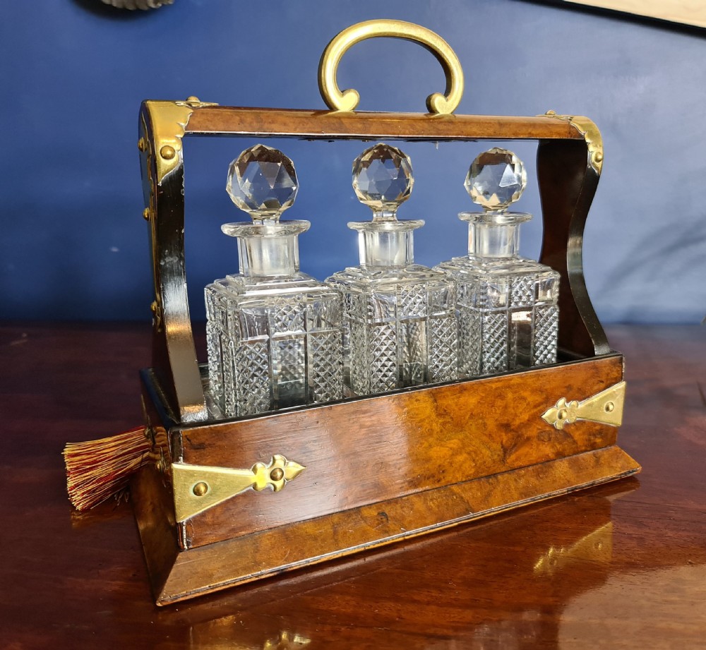 Late Victorian Miniature burr Walnut and Brass Tantalus c1900 View V