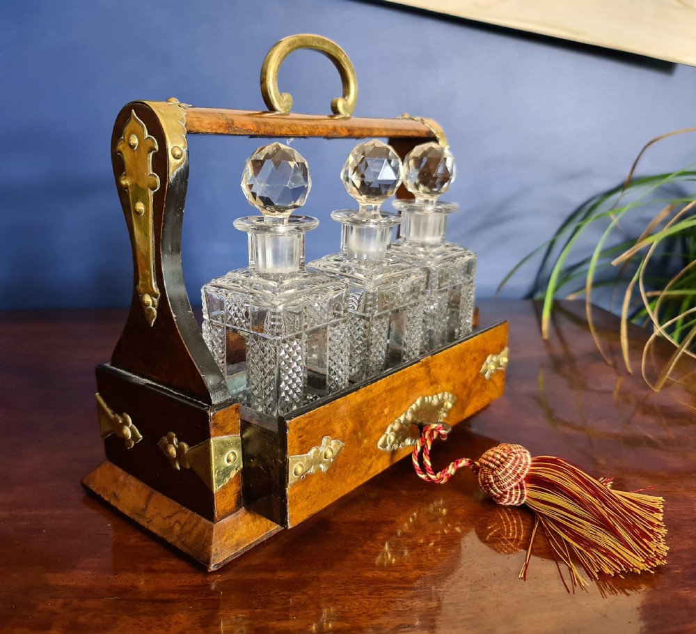 Late Victorian Miniature burr Walnut and Brass Tantalus c1900 View VII