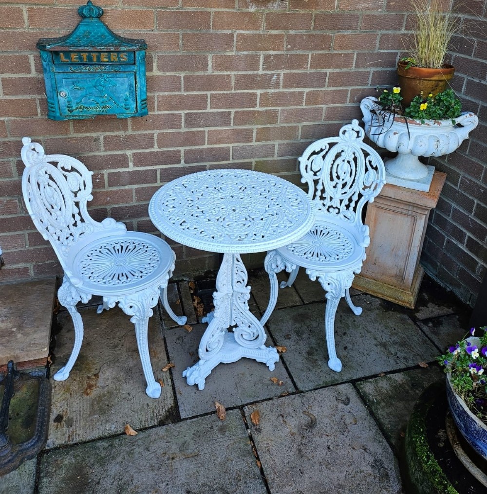 Rare Victorian Christopher Dresser Design Cast-iron Garden Table with Two Cast-iron Chairs