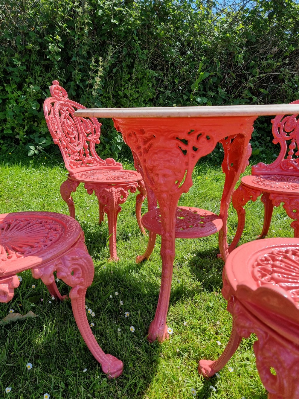 Set of Four Cast-iron Garden Chairs together with a cast-iron Table with Marble Top View III