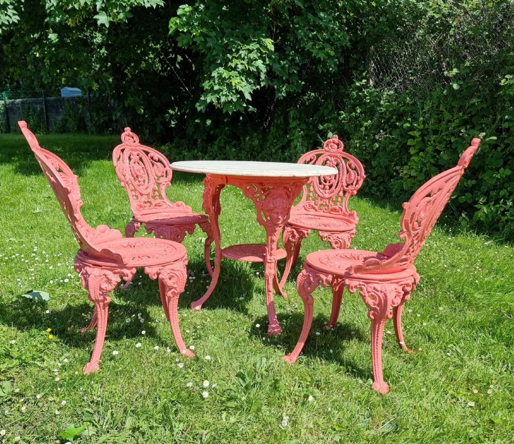 Set of Four Cast-iron Garden Chairs together with a cast-iron Table with Marble Top View V