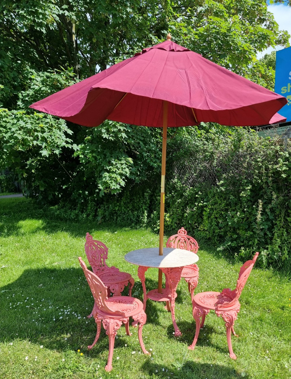 Set of Four Cast-iron Garden Chairs together with a cast-iron Table with Marble Top View VI