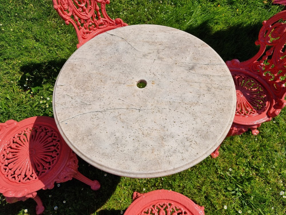Set of Four Cast-iron Garden Chairs together with a cast-iron Table with Marble Top View VII