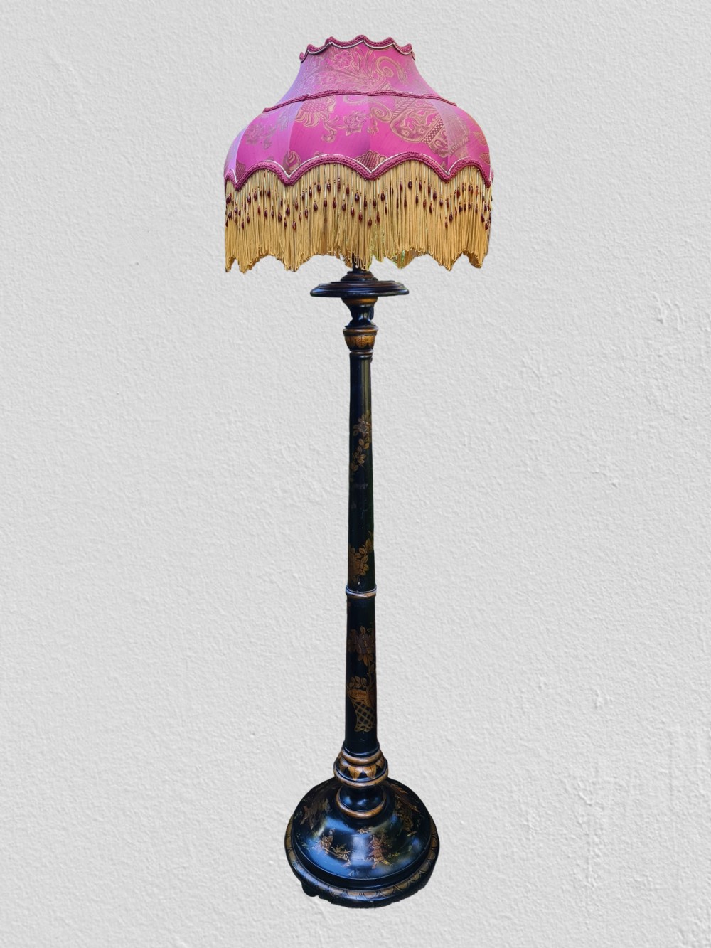 A large Black Lacquered Standard Lamp with Chinoiserie Design