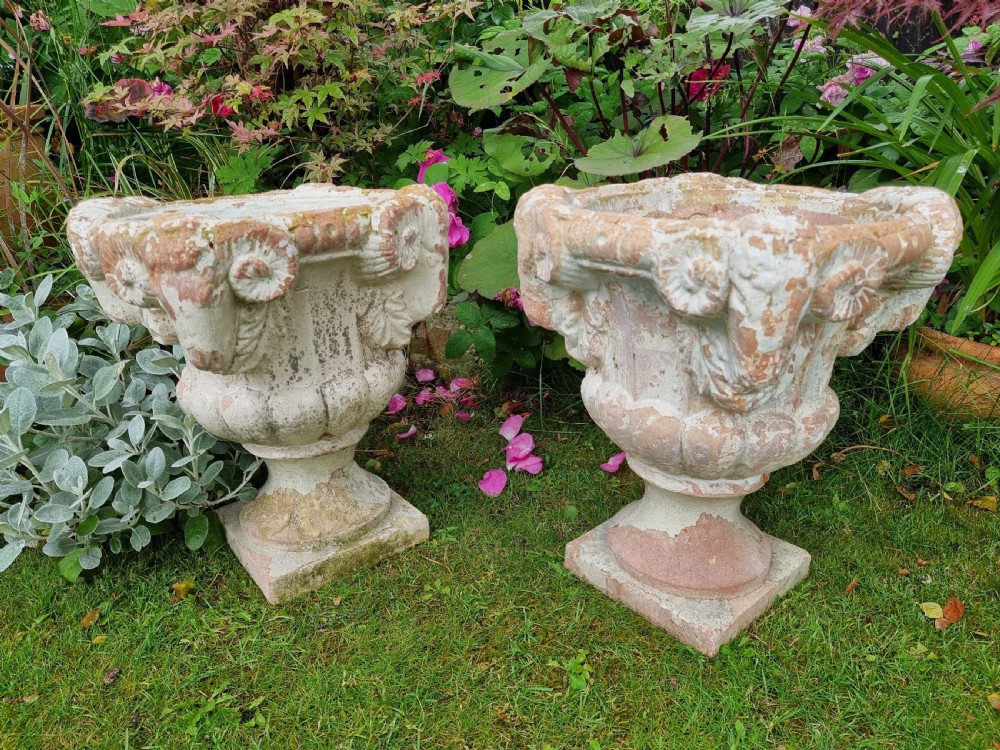 Pair Of Heavy 19th Century Terracotta Rams Head Urns