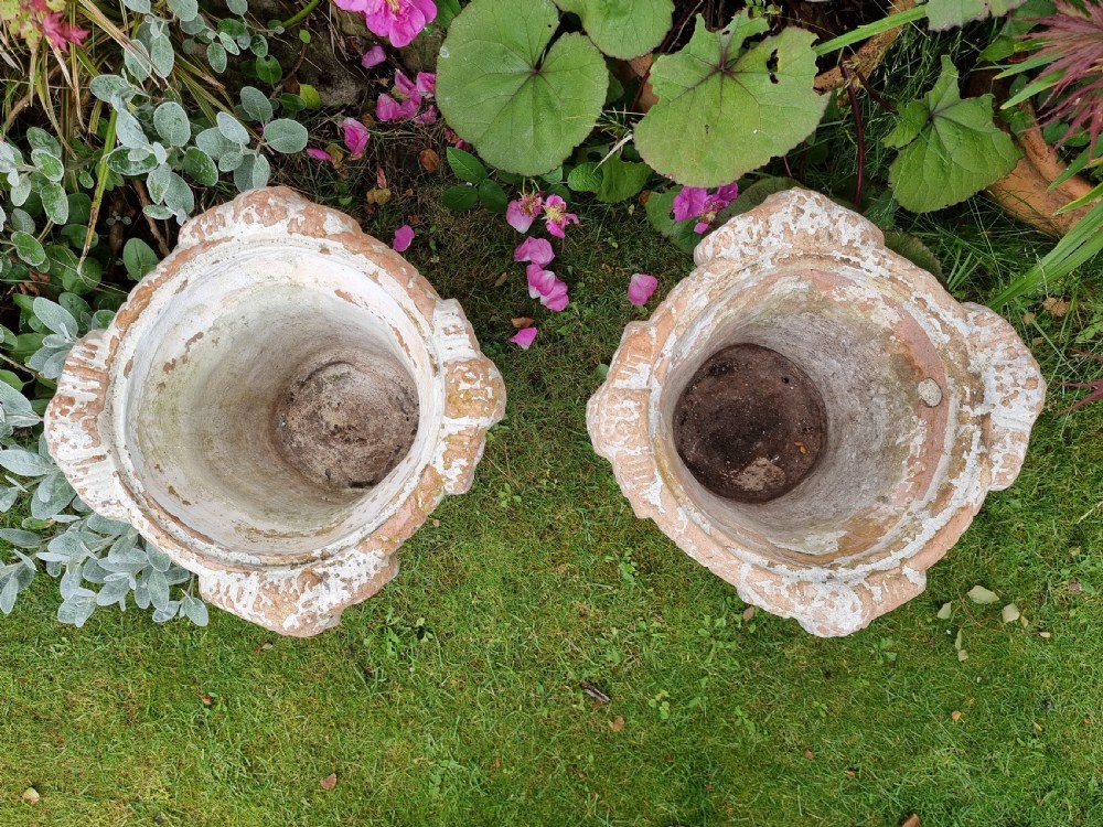 Pair Of Heavy 19th Century Terracotta Rams Head Urns View II