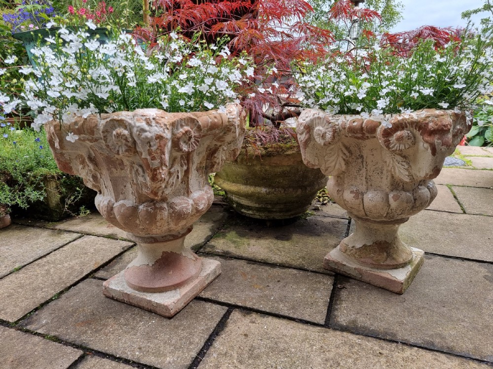 Pair Of Heavy 19th Century Terracotta Rams Head Urns View VI