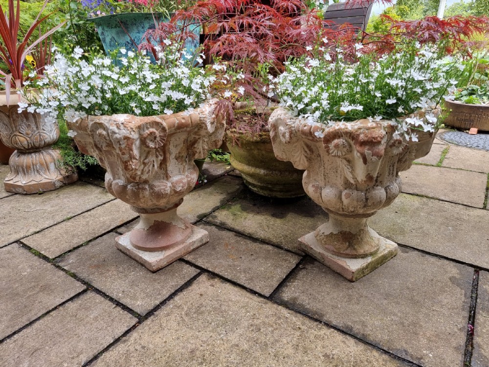 Pair Of Heavy 19th Century Terracotta Rams Head Urns View VII