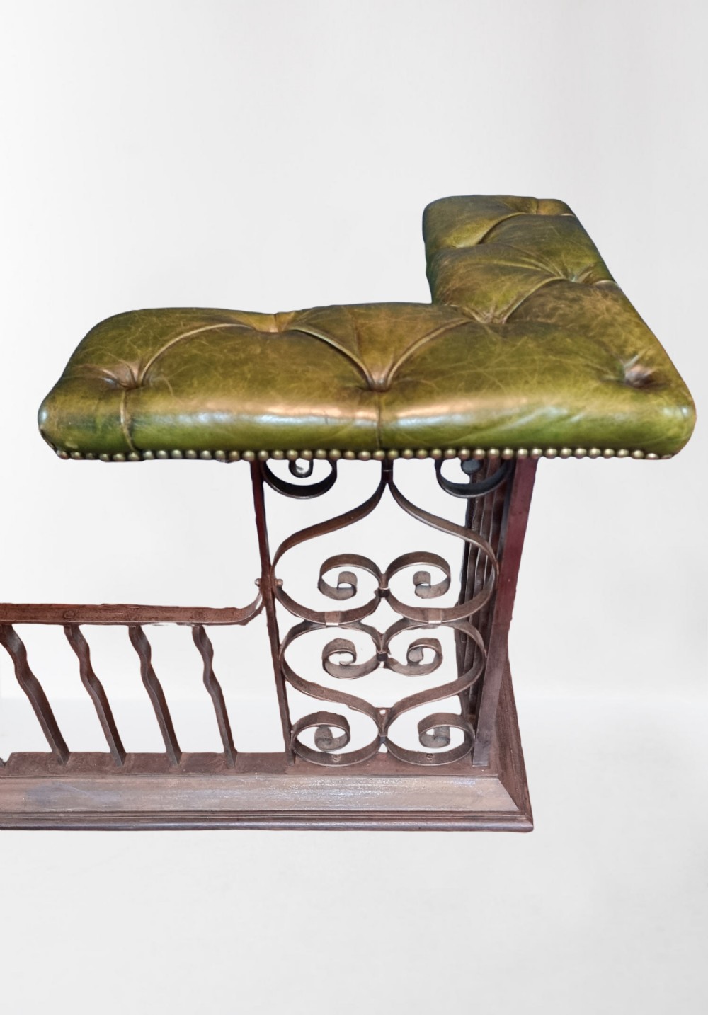 Fine Quality Wrought Iron Club Fender with Green Leather Seat View III