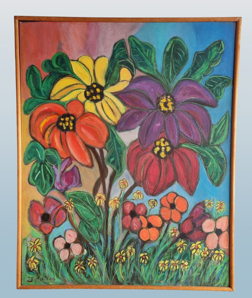 A framed mid-century oil painting on canvas featuring stylised vibrant flowers in shades of red, purple, orange, and yellow against a colourful backdrop, set within a thin wooden frame.