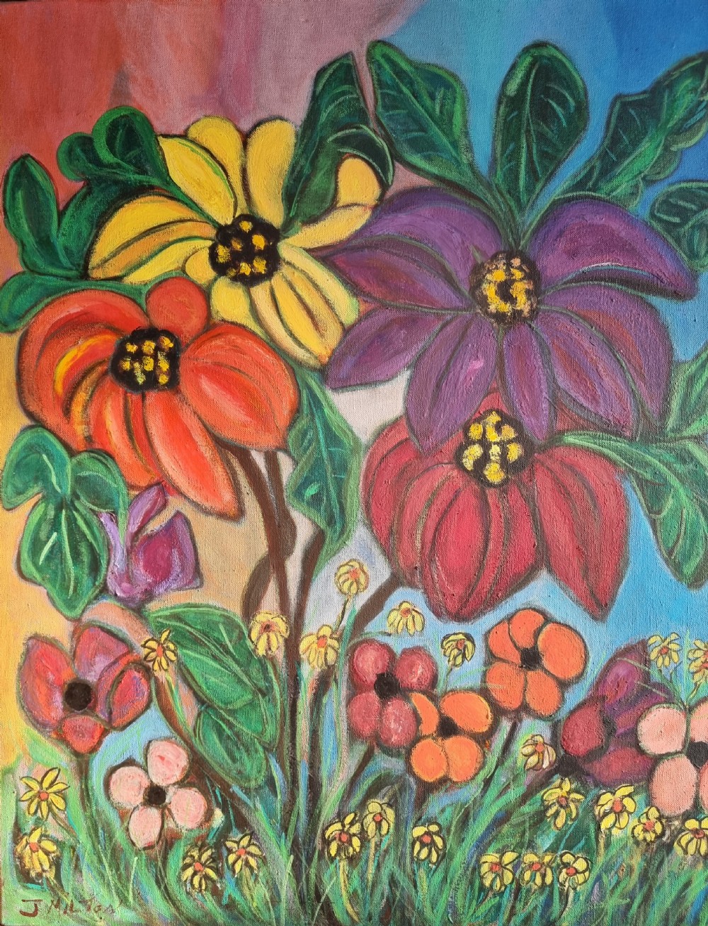 A framed mid-century oil painting on canvas featuring stylised vibrant flowers in shades of red, purple, orange, and yellow against a colourful backdrop, set within a thin wooden frame. View VII