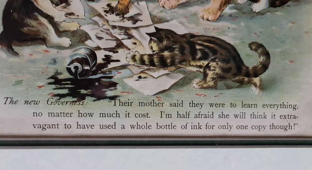 A pair of black framed antique prints depicting anthropomorphic cats in domestic interior scenes with printed text captions. View IV