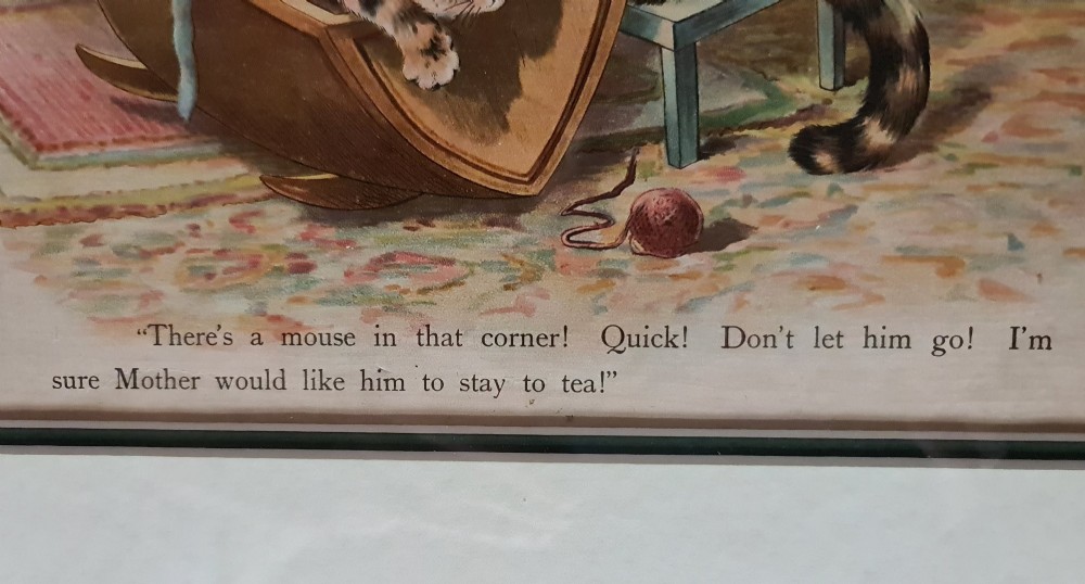 A pair of black framed antique prints depicting anthropomorphic cats in domestic interior scenes with printed text captions. View VIII