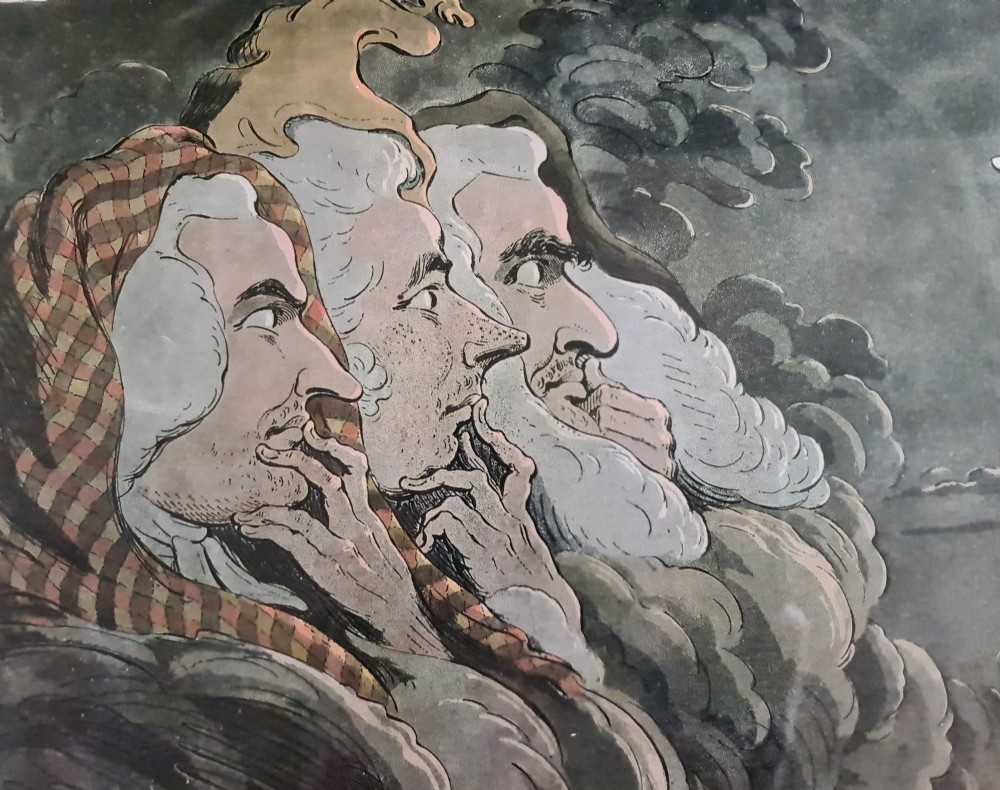 A framed Georgian satirical print depicting three profile faces looking towards a crescent moon set against a dark sky. View IV