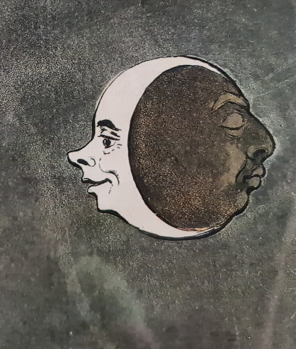 A framed Georgian satirical print depicting three profile faces looking towards a crescent moon set against a dark sky. View V