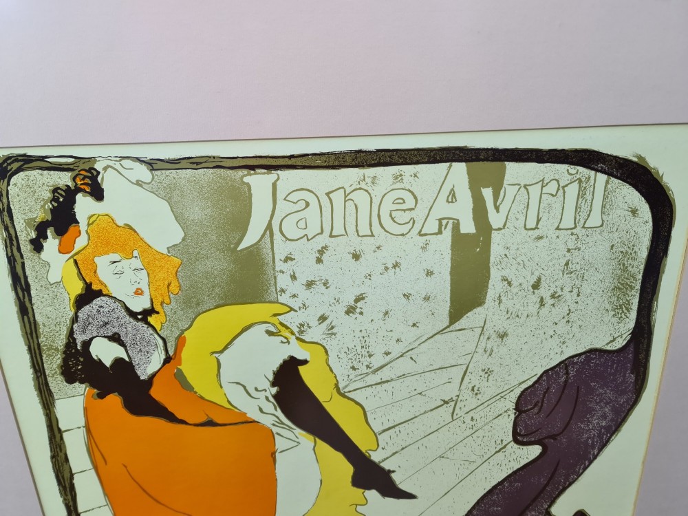 A framed vintage Art Nouveau poster featuring Jane Avril performing in an orange dress framed by a stylised double bass neck. View VI
