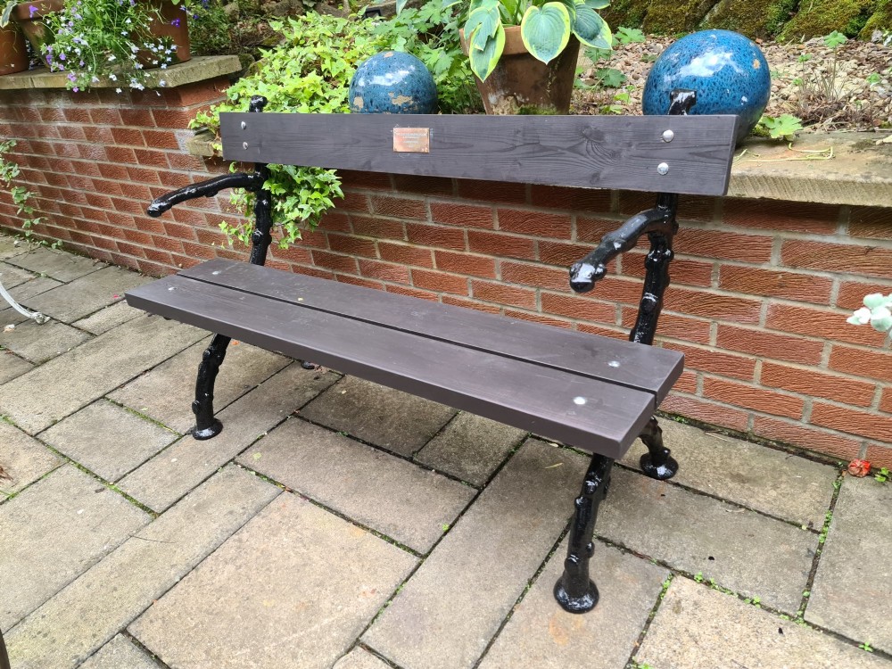 A 19th-century style garden bench featuring black cast-iron ends moulded into a branch motif with dark wooden slats forming the seat and backrest.