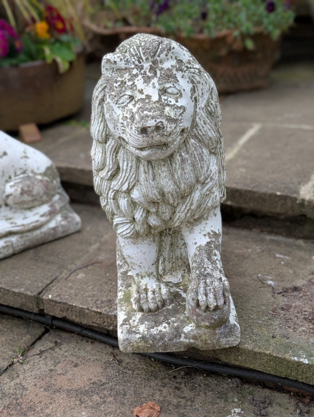 A pair of 19th-century French weathered off-white cast stone Medici lion statues seated on rectangular plinths, each resting a paw on a sphere. View VII