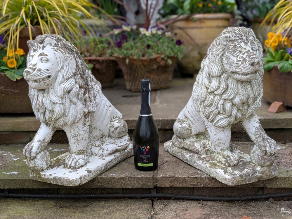 A pair of 19th-century French weathered off-white cast stone Medici lion statues seated on rectangular plinths, each resting a paw on a sphere. View IX