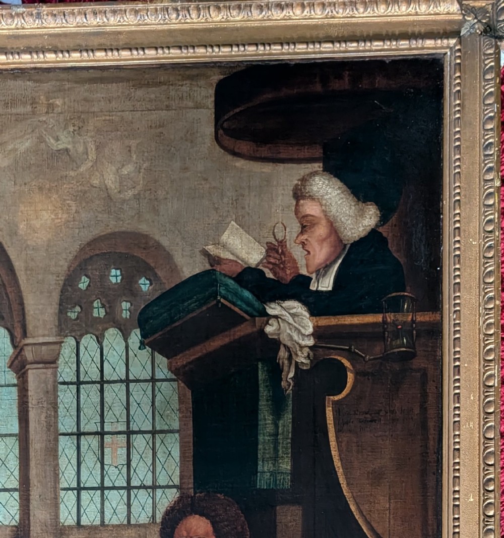 An antique framed oil painting depicting a clergyman speaking to a sleeping congregation inside an eighteenth-century church interior. View II