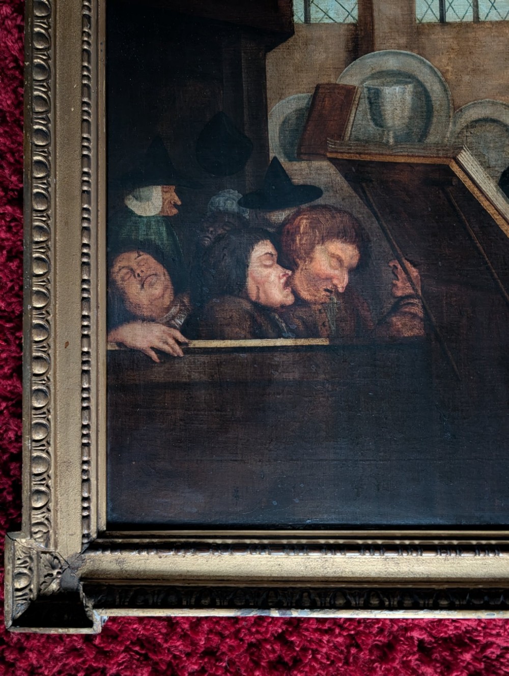 An antique framed oil painting depicting a clergyman speaking to a sleeping congregation inside an eighteenth-century church interior. View III