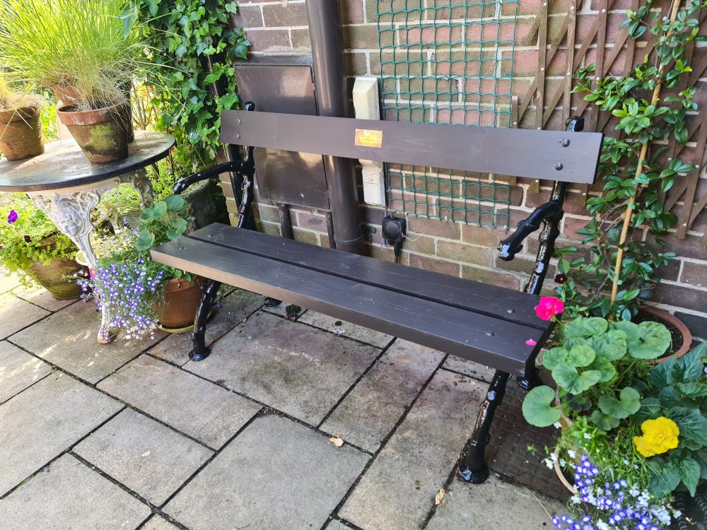 A 19th-century cast-iron and wooden garden bench featuring rustic branch-form end frames and a dark-stained timber seat and backrest.