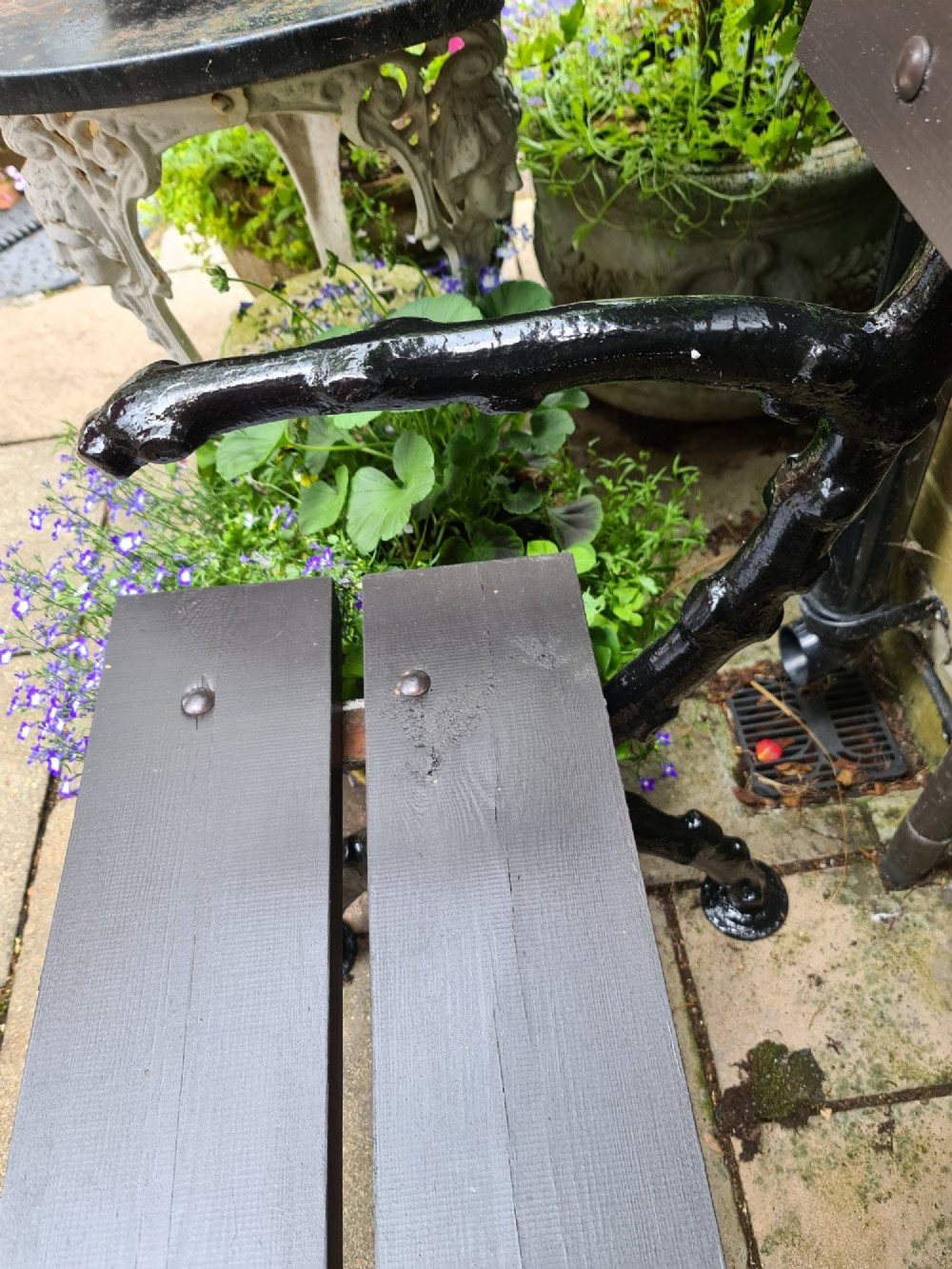 A 19th-century cast-iron and wooden garden bench featuring rustic branch-form end frames and a dark-stained timber seat and backrest. View III