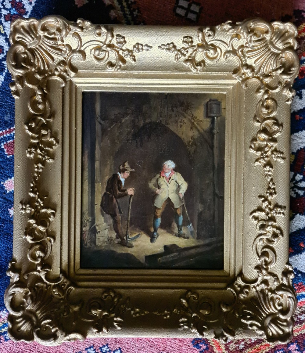 A pair of 19th-century oil paintings depicting figurative scenes housed in ornate gold gilded frames. View II