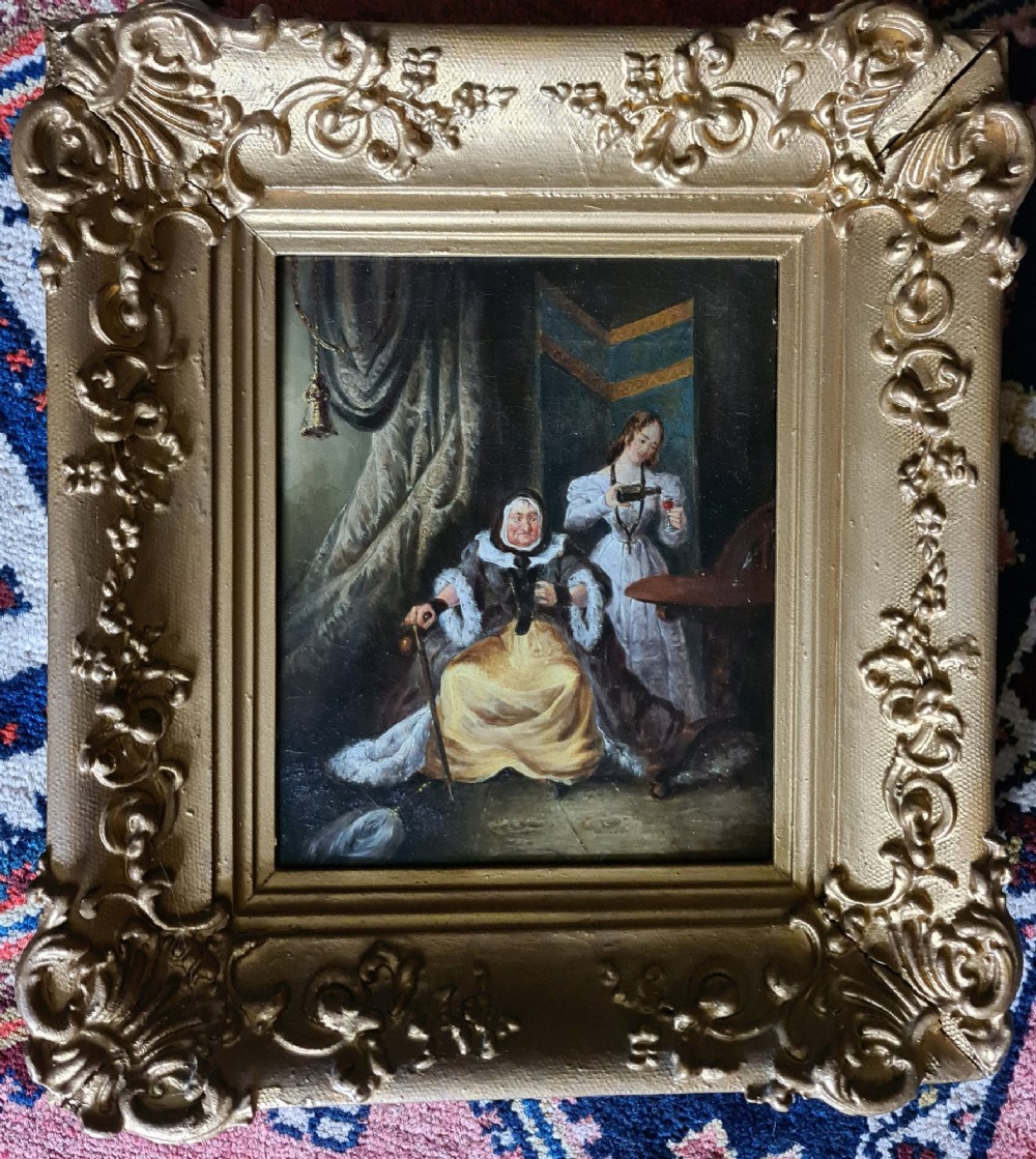 A pair of 19th-century oil paintings depicting figurative scenes housed in ornate gold gilded frames. View V
