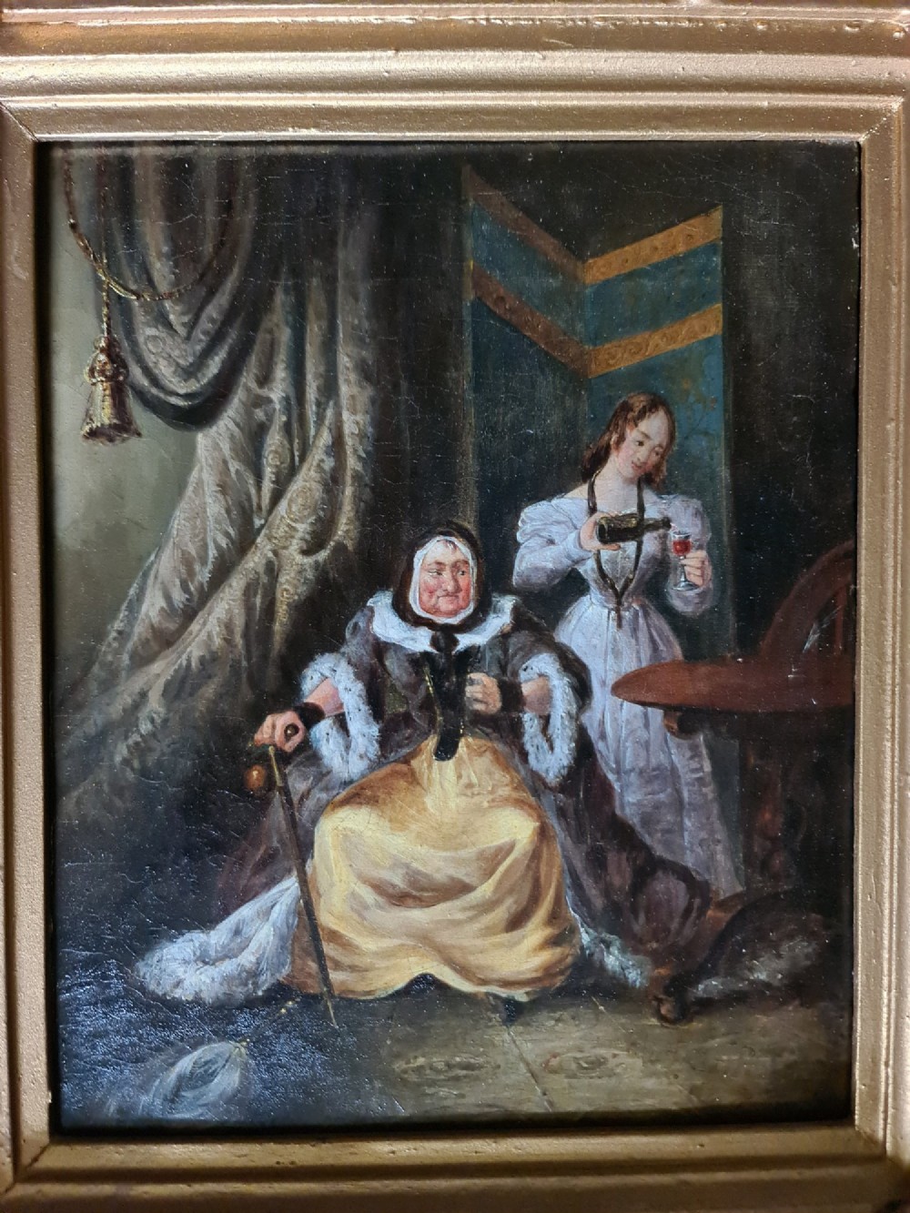 A pair of 19th-century oil paintings depicting figurative scenes housed in ornate gold gilded frames. View VI