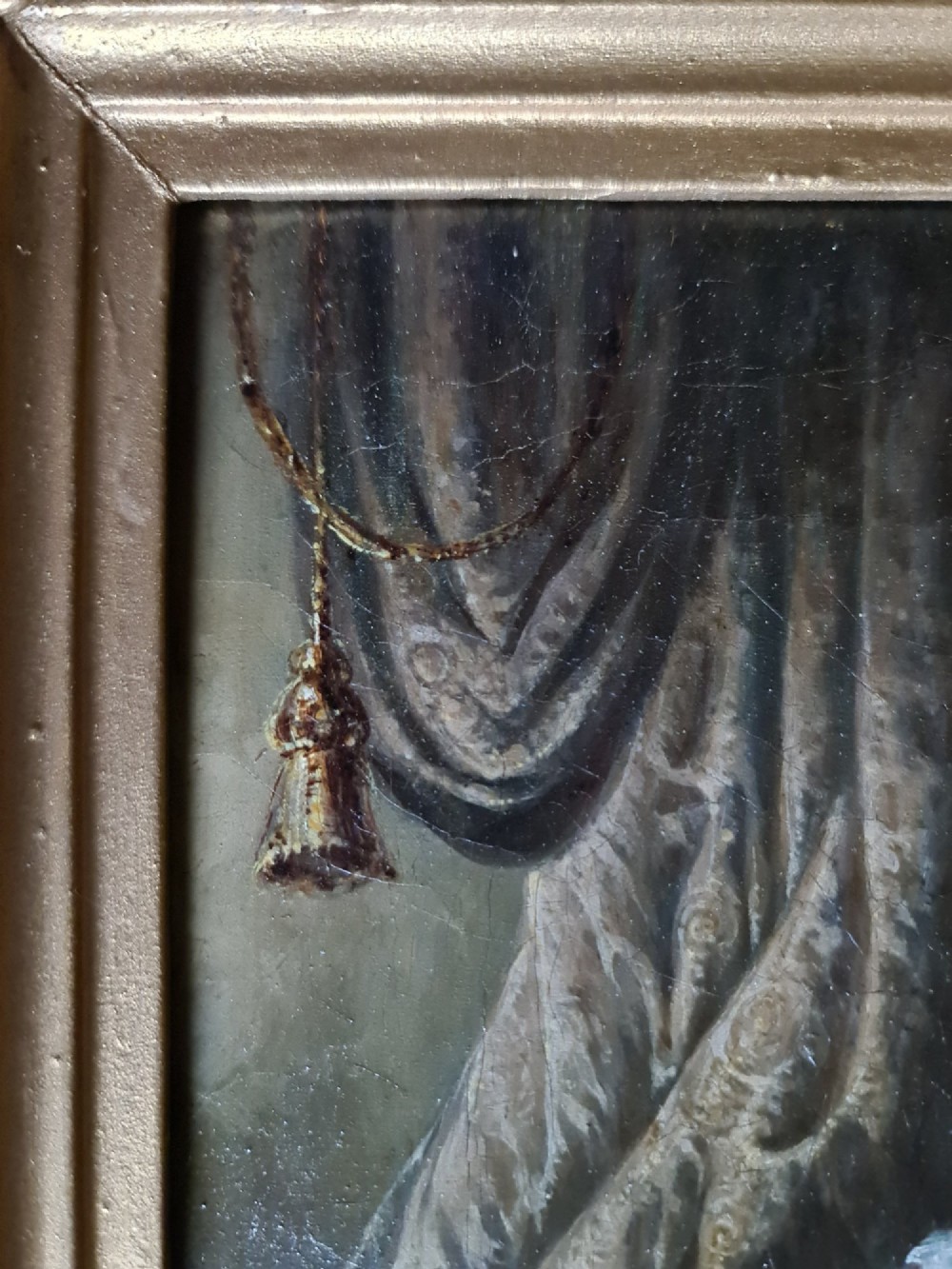 A pair of 19th-century oil paintings depicting figurative scenes housed in ornate gold gilded frames. View VIII