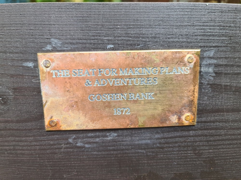 A 19th-century garden bench featuring black cast-iron branch-form legs and dark wooden seat and backrest slats. View II