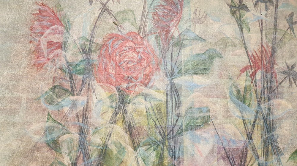 A mid-century abstract floral painting on canvas featuring red roses and spiky botanicals in a whitewashed timber frame. View II
