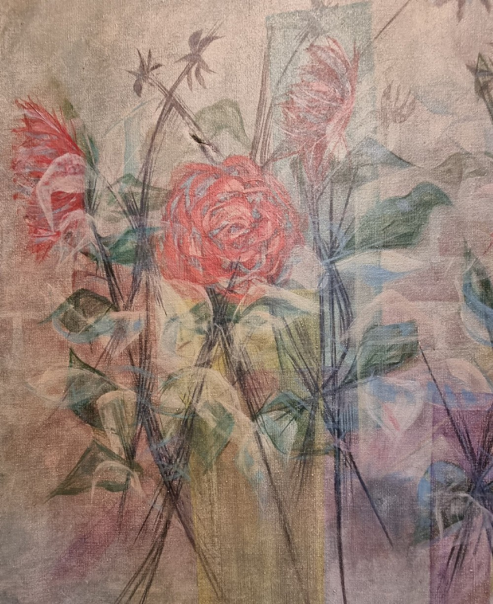 A mid-century abstract floral painting on canvas featuring red roses and spiky botanicals in a whitewashed timber frame. View VIII