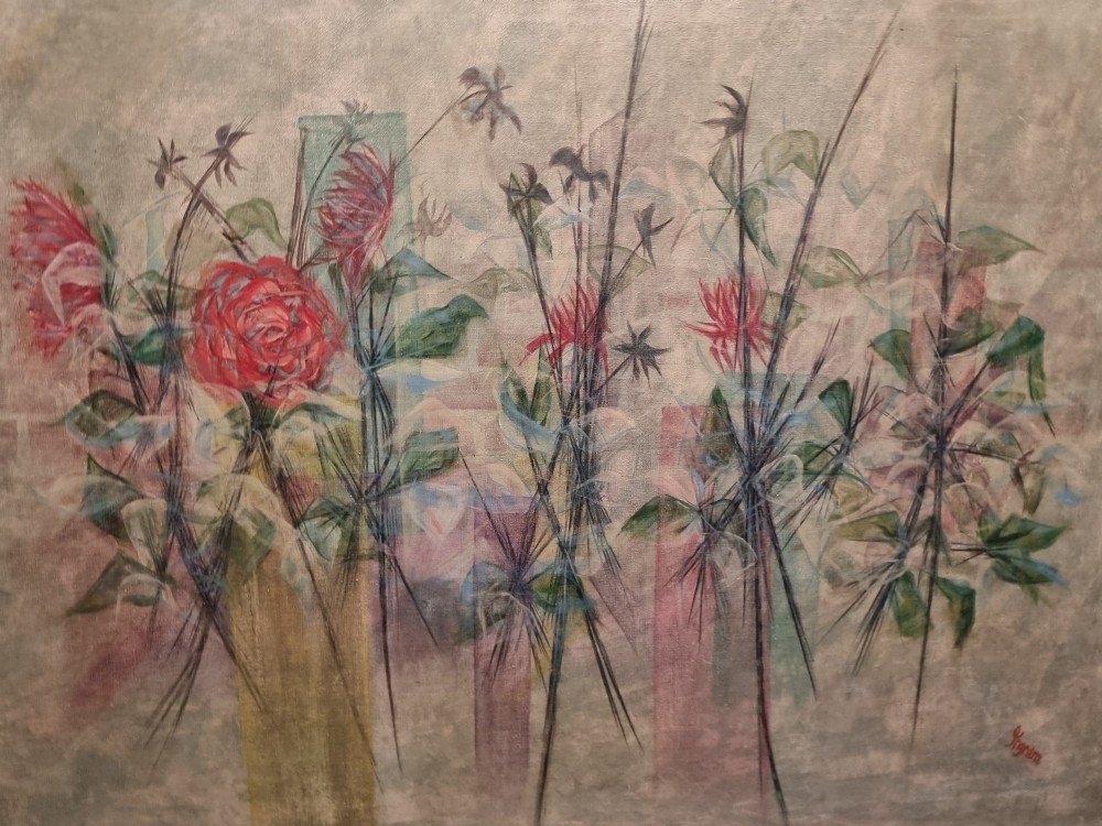 A mid-century abstract floral painting on canvas featuring red roses and spiky botanicals in a whitewashed timber frame. View IX