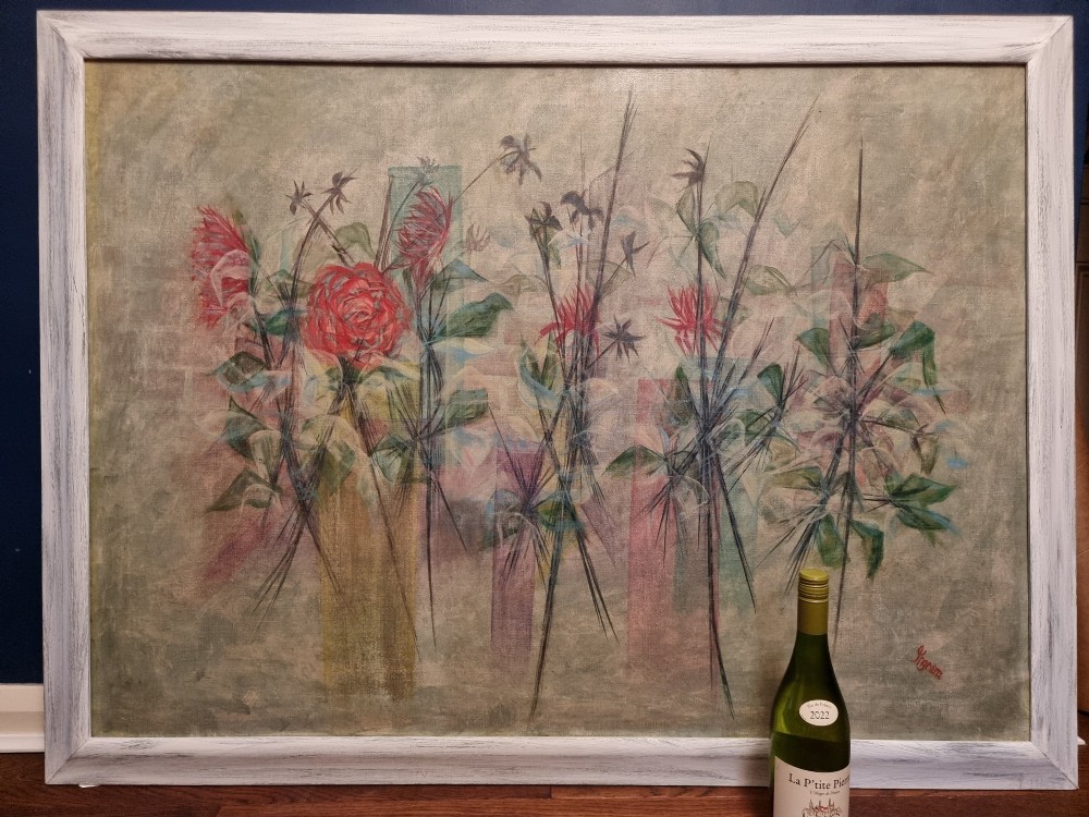A mid-century abstract floral painting on canvas featuring red roses and spiky botanicals in a whitewashed timber frame. View X