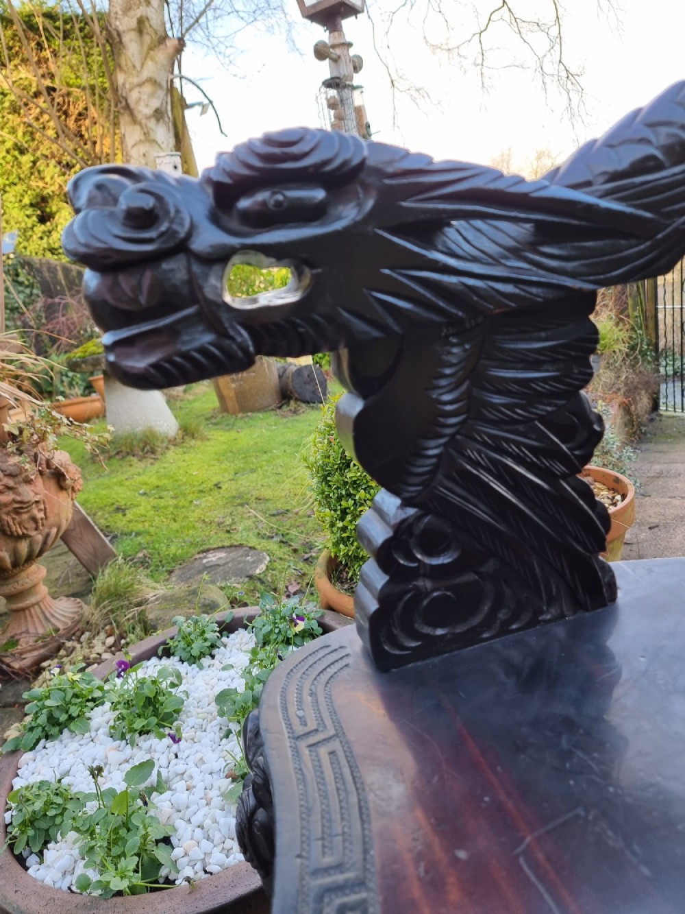 A deeply carved black hardwood armchair featuring dragon head armrests, a dragon backrest, and a red velvet seat cushion. View IV
