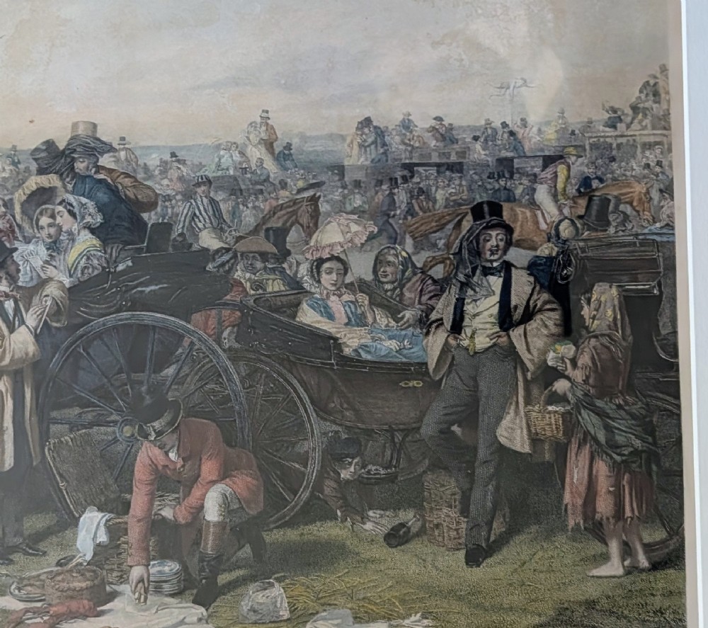A panoramic 19th-century framed print depicting a densely populated scene at the Epsom Derby within a cream mount and gilt wooden frame. View IX