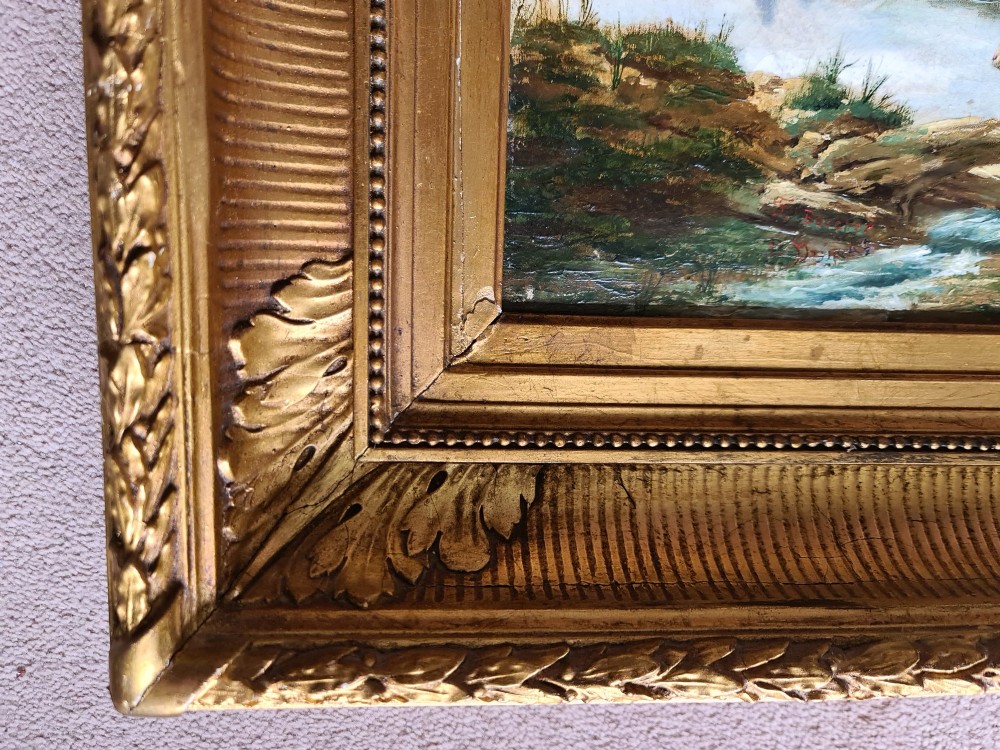 An oil painting depicting a Rococo pastoral scene with figures and sheep by a stream, set within a heavy gilded frame. View VIII