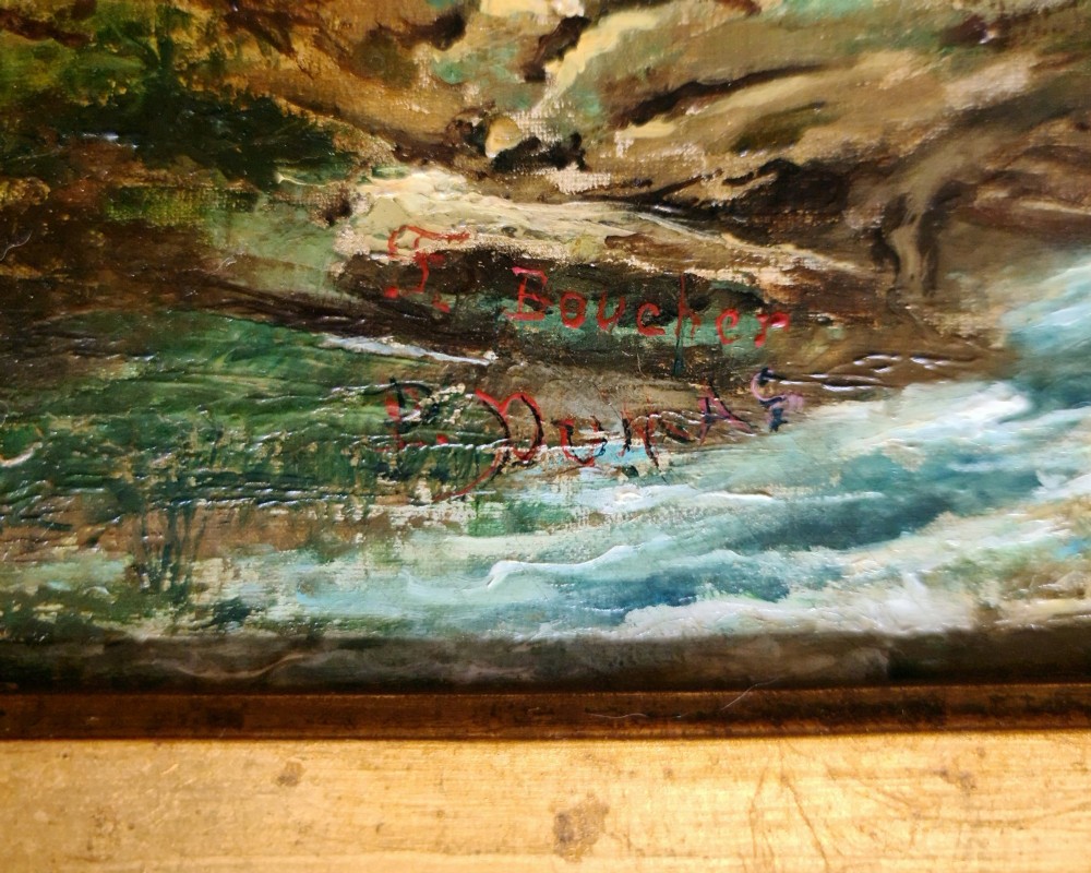 An oil painting depicting a Rococo pastoral scene with figures and sheep by a stream, set within a heavy gilded frame. View XII