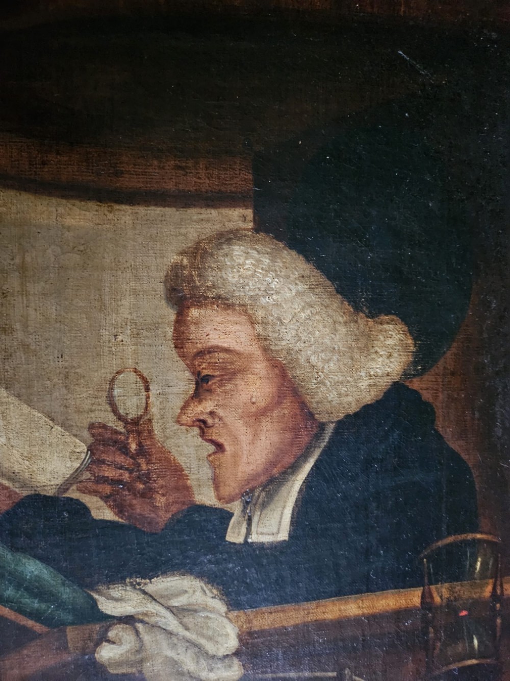 An antique oil painting on canvas depicting a sleeping church congregation inside a moulded giltwood frame. View II