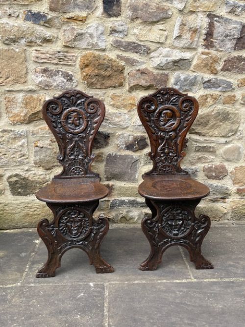 Pair of Italian Oak Sgabello Hall Chairs