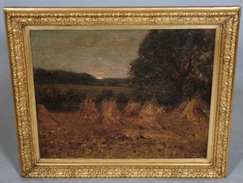 Oil Painting of Haystacks at Dusk by Ernest Rigg (1868-1947)